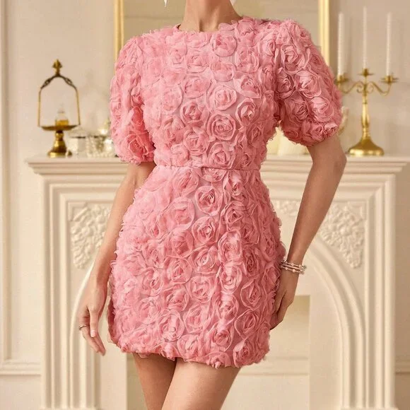 Pink Party Women's 3d Floral Decor Mini Dress with Cinched Waist - Picture 4 of 7